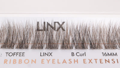 LINX lash ribbon eyelash extensions with product details on a white background