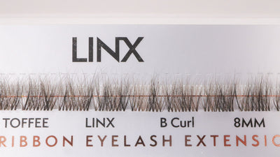 LINX ribbon eyelash extensions packaging with product details. B curl 8mm